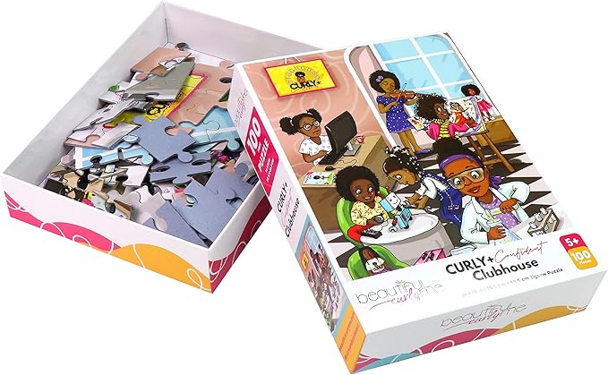 Curly + Confident Clubhouse 100 Piece STEM Jigsaw Puzzle for Future Scientists, Engineers, Artists, Kids Ages 4-8, Kids Ages 8-12. Inspire Love of STEAM by Beautiful Curly Me