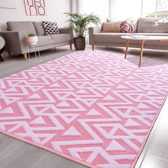 Ompaa Ultra Soft Shaggy Rugs Memory Foam Bedroom Carpet, Pink 5 x 8 Feet, Plush Geometric Textured Area Rugs for Living Room Couch Dorm Bedside Kids Girls Teens Room Nursery Decor Floor Mat