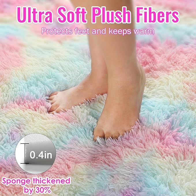 PAGISOFE 4x6 Rainbow Fluffy Soft Plush Area Rugs for Girls Bedroom, Shaggy Rugs for Kids Playroom,Kawaii Princess Fuzzy Rugs for Nursery Baby Toddler,Cute Colorful Room Decor for Teenage