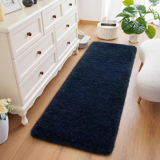 Amearea Shag Fluffy Runner Rug for Bedroom Girls Living Room, 2x6 Feet Extra Soft and Fuzzy Shaggy Rugs, Non Slip, Indoor Floor Long Carpet Mat for Boys Nursery Home Decor, Navy Blue