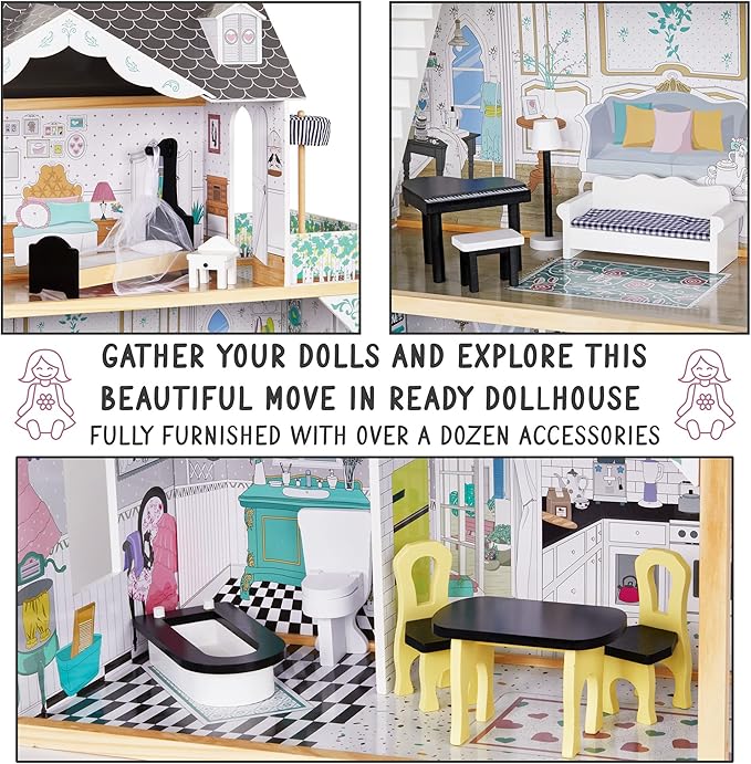 Lil' Jumbl Kids Wooden Dollhouse, with Elevator, Balcony & Stairs, Accessories & Furniture Included X-Large 3 Story Easy to Assemble Doll House Toy