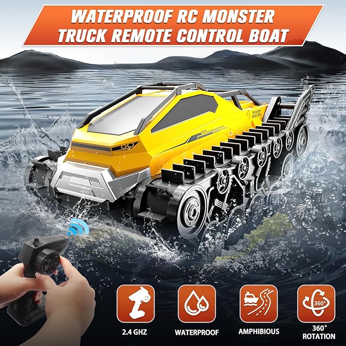 Fistone Amphibious Remote Control Car, 2.4Ghz All-Terrain Truck with Gesture Sensing, 360° Rotating RC Tank Crawler Waterproof Off-Road Car, Boat for Kids Boys