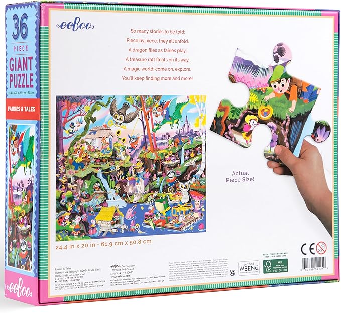 eeBoo: Fairies & Tales - 36 Piece Giant Puzzle - 24.4" x 20" Jigsaw, Oversized Colorful Pieces, Childrens Fantasy Puzzle, Kids Ages 4+
