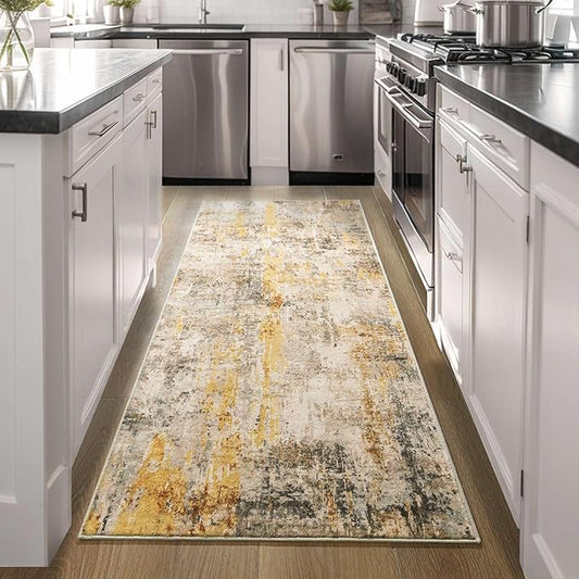 Runner Rug for Kitchen Beige Hallways Runner Rug Non Slip 2'6''x8' Washable Long Runner Rugs with Rubber Backing Soft Abstract Carpet Runner for Entryway, Kitchen, Bedroom, Bathroom
