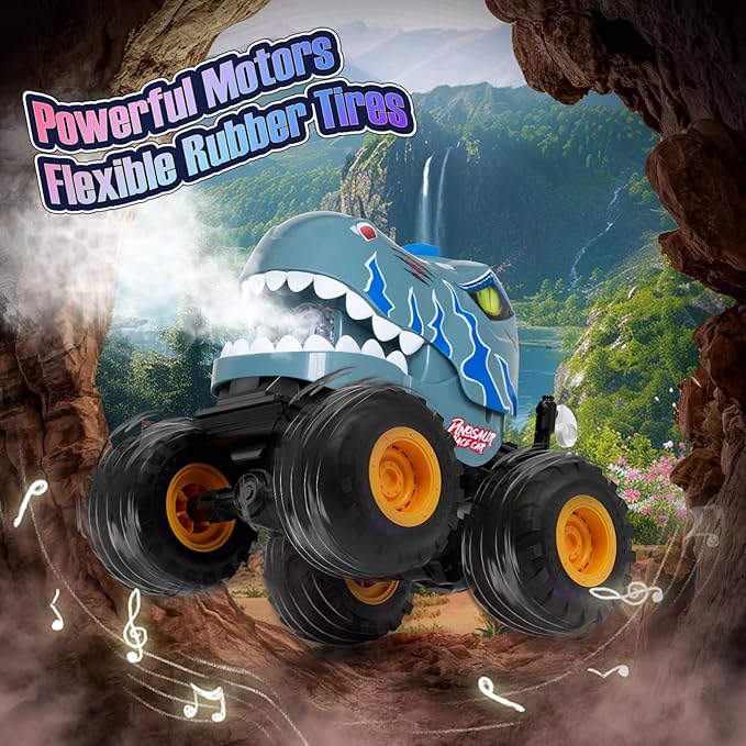 Dinosaur Remote Control Car for Boys 4-7, 360° Rotating Stunt Vehicle, 2.4GHz All Terrain RC Monster Truck Toys with Spray, Light & Sound for Kids 8-12, Birthday Gift for Boys (Grey)