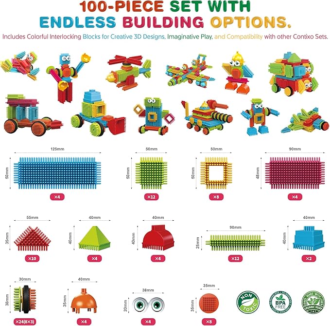 Contixo STEM Building Toys, ST6 100 pcs Bristle Shape 3D Tiles Set Construction Learning Stacking Educational Block, Creativity Beyond Imagination, Inspirational, Recreational Toy for Kids Ages 3-8