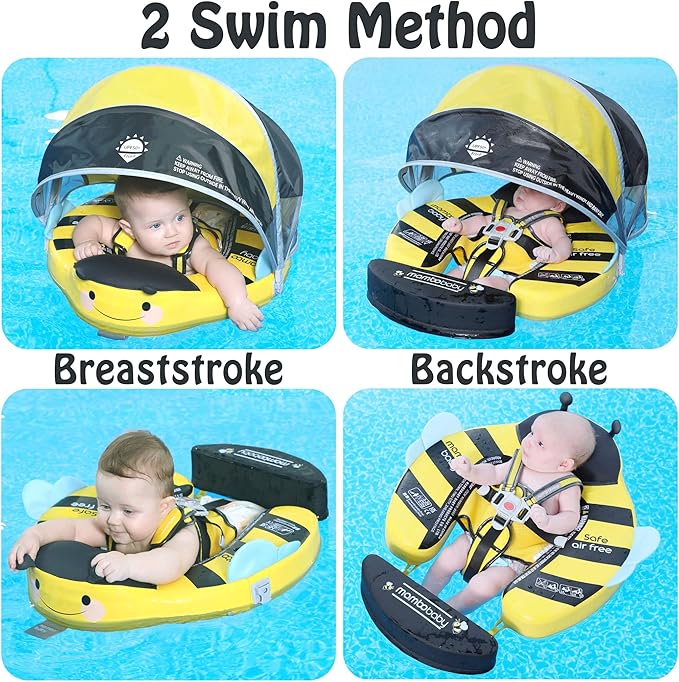 Mambobaby Float Add Tail Baby Swim Float with Canopy Solid Pool Infant Swim Trainer Swimming Training Lying Air Free Water Floats Non-Inflatable Waist Swim Ring for Toddlers (Bee)