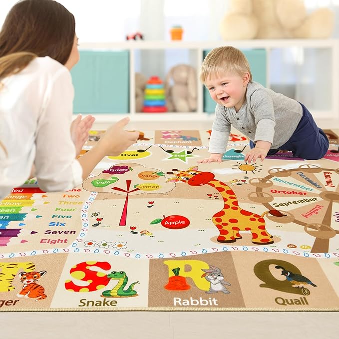 Playroom Rug Daycare Kids Rug 3x5,Educational and Fun Nursery Rug with ABC Alphabet Animals Classroom Rug Washable Kids Play Mat Baby Toddler Children Girls Rugs for Bedroom,Beige and Pink