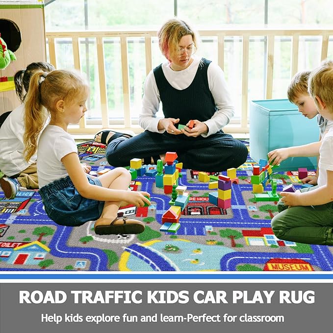 Capslpad Blue Car Road Kid Rug Carpet Playmat for Playoom Traffic Road Kids Play Mat for Toddler Non Slip Washable City Map Race Track Carpet Rug for Kids Room Bedroom Nursery Room Decor,6.6'x6.6'