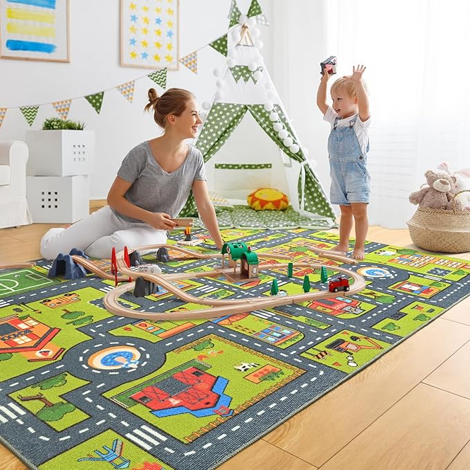 Merelax 5x8 Kids Car Rug Grey Green Area Rugs for Living Room Playroom Classroom Bedroom, Large Non Slip Kids Play mat Washable Rug, Educational City Traffic Road Map Fun Car Carpet for Ages 3-12