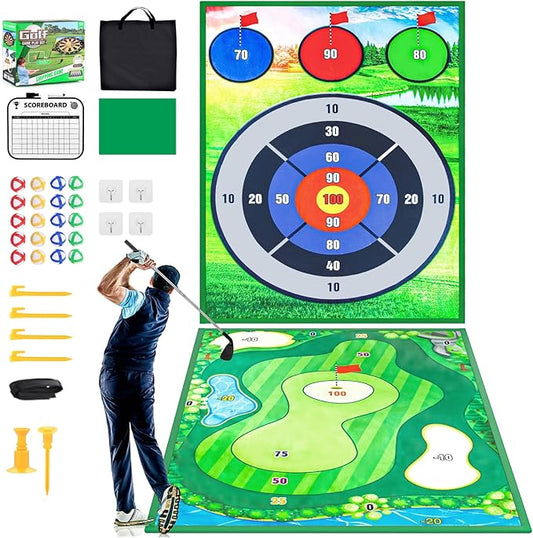 Double-Sided Chipping Golf Game Mat and Darts Mat with Clubs, Thickened and Durable, Indoor and Outdoor Sticky Golf Game Equipment for Adults and Family Kids