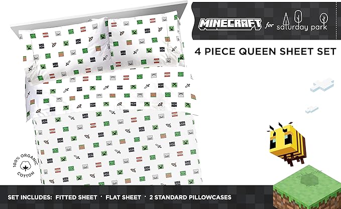 Saturday Park Minecraft Emblematic Queen Sheet Set - 4 Piece 100% Organic Cotton Sheets Features Creeper, Alex & Steve - GOTS & Oeko-TEX Certified (Minecraft Official)