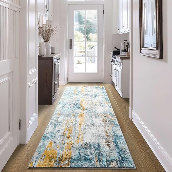 Runner Rug for Kitchen Hallways Runner Rug Non Slip 2'6''x8' Washable Blue Long Runner Rugs with Rubber Backing Soft Abstract Carpet Runner for Entryway, Kitchen, Bedroom, Bathroom