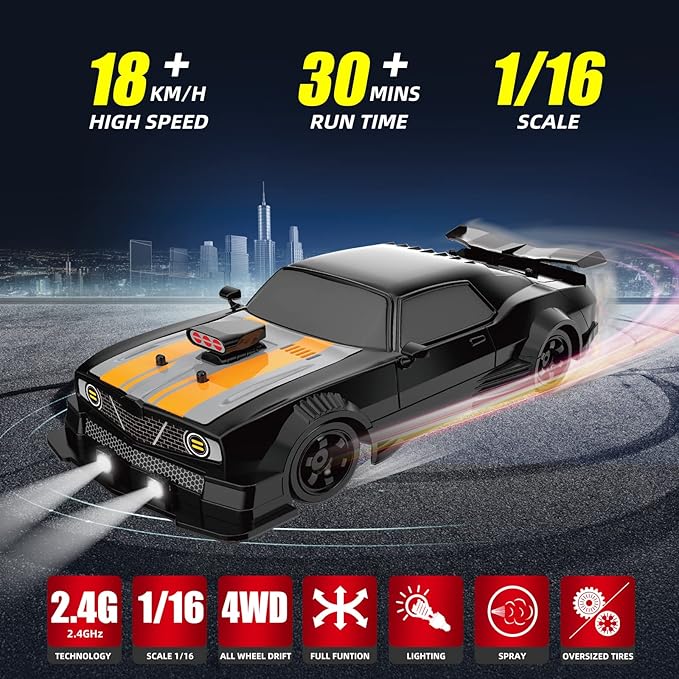 1/16 4WD RC Drift Car, 2.4GHz 4WD Remote Control Car, 18KM/H+ High Speed, LED Lights, Sprayer, Rechargeable Battery, Extra Tires, Unisex Children (8+), Black