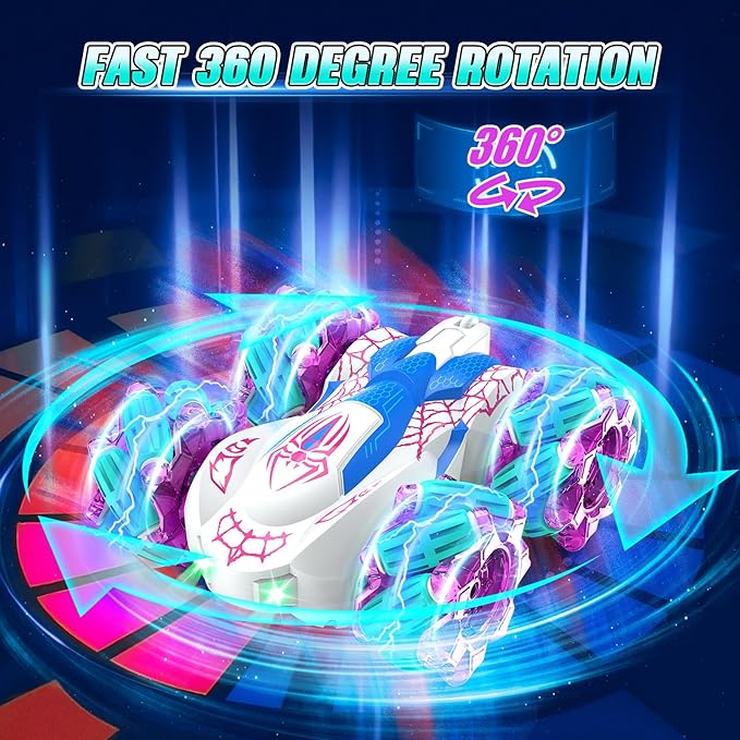 Remote Control Car 2.4Ghz RC Cars with LED Lights Double Sided Off-Road 360°Rotating Roll RC Cars Rechargeable 4WD RC Stunt Car Indoor Outdoor Toys for Boys Girls 6-13 Gifts (Pink)