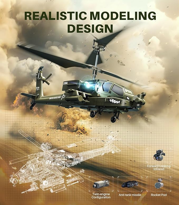 SYMA RC Helicopters, S51H Remote Control Helicopter 2.4GHz Military Army Toys for Boys Girls Kids with Altitude Hold, One Key Take Off/Landing, LED Light, Low Battery Reminder