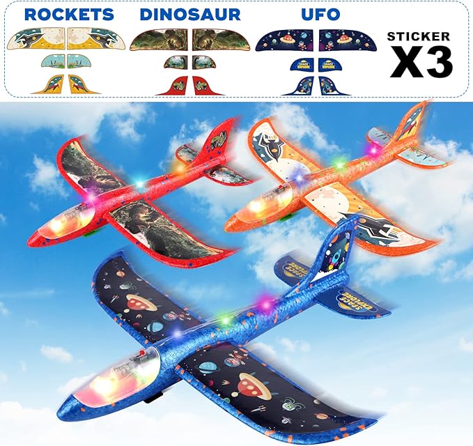 3 Pack Foam Airplane Launcher Toys, 12.6" Led Glider Catapult Plane Boy Toys, Easter Gifts for Kids, Outdoor Sport Flying Toys for Kids Birthday Gifts for 4 5 6 7 8 9 10 11 12 Year Old Boys Girls