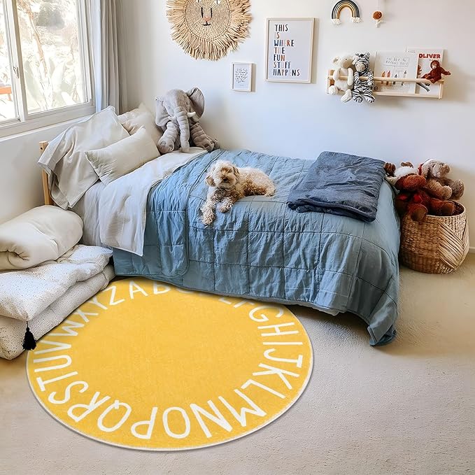Topotdor Round Kids Play Rug Alphabet Nursery Area Rug Extra Large Soft Crawling Play Mat for Children Toddlers Bedroom (47 inch, Yellow)