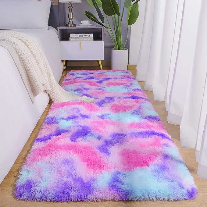AROGAN Soft Rainbow Area Rugs for Girls Room 2x6 Feet, Fluffy Girls Bedroom Rugs, Princess Rug, Cute Colorful Carpet for Kids Teens Nursery Toddler, Hot Pink