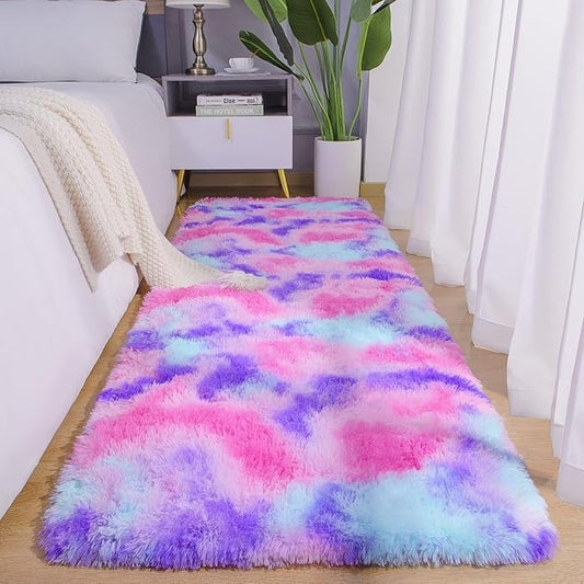 AROGAN Soft Rainbow Area Rugs for Girls Room 2x6 Feet, Fluffy Girls Bedroom Rugs, Princess Rug, Cute Colorful Carpet for Kids Teens Nursery Toddler, Hot Pink