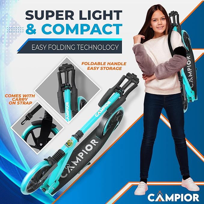 Kick Scooter for Ages 6+, for Kids, Teens, and Adults, Max Load 240 LBS, Foldable, 8-inch Big Wheels for Kids and Adults, with Kickstand, 3 Adjustable Levels, Child Safety Approved, Aqua