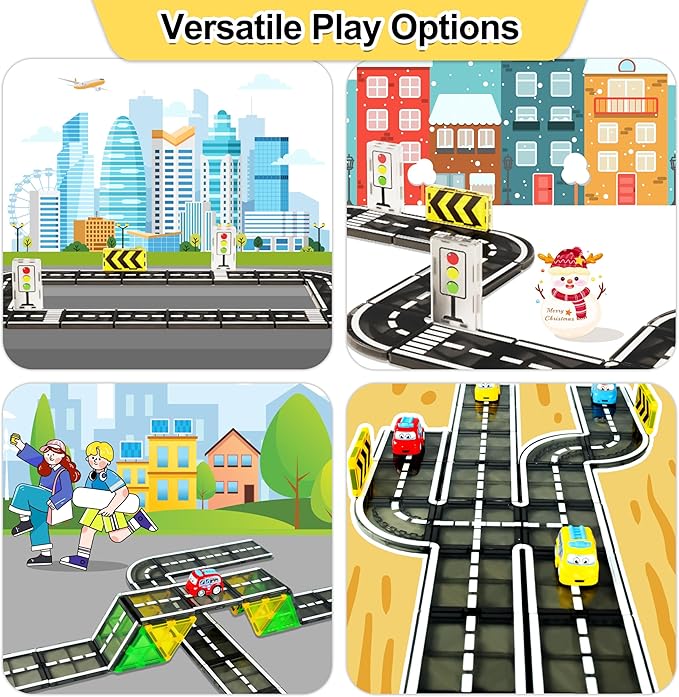 82pcs Magnetic Tiles Road, Magnetic Building Blocks Construction Toys for 3+Year Old Boys Girls, Kids Montessori Toys for Toddler, STEM Learning Gifts