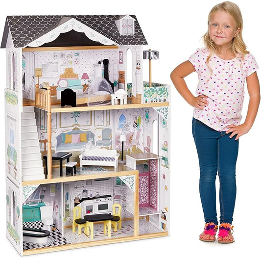 Lil' Jumbl Kids Wooden Dollhouse, with Elevator, Balcony & Stairs, Accessories & Furniture Included X-Large 3 Story Easy to Assemble Doll House Toy