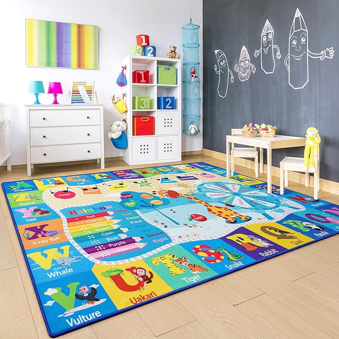 Chicrug Educational Kid Area Rug for Playroom, 6x9 Feet TPR Non Slip Kids Classroom Carpet Rug for Learning ABC Animal, Shape Color Fruit, Washable Play Mat Rug for Children Nursery Toddler Room Decor