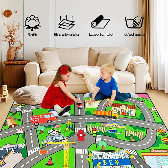 Car Rugs for Kids Toy Cars - Kids Carpet for Playroom Car Track Rug Car Carpet for City Life Road Rug for Playroom Living Room Bedroom, Green, 2'5''×4'