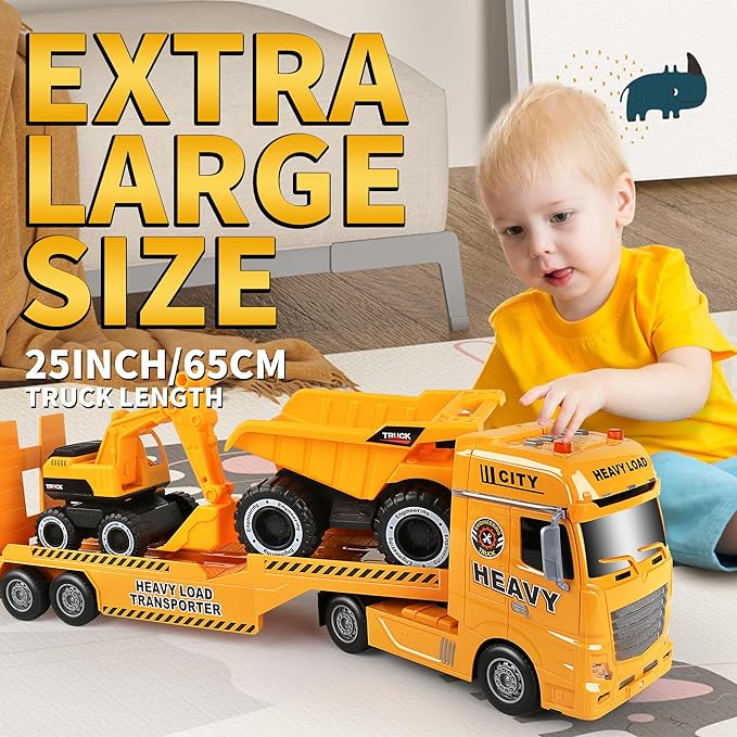 Dwi Dowellin Construction Carrier Semi Truck Toy with Excavator and Dump Truck, Gifts for Age 3-6 Boys & Girls