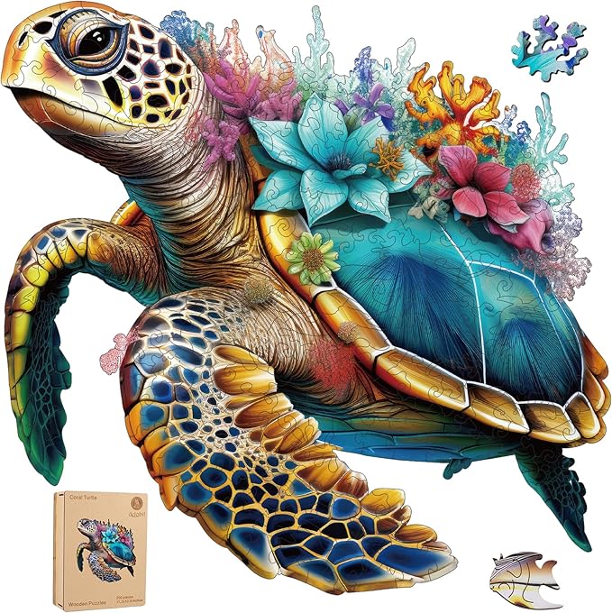 Wooden Puzzles for Adults, Coral Sea Turtle Jigsaw Puzzles 500 Piece, Unique Shape Puzzles for Adults and Kids, Fun Challenging Puzzles Family Game Gift, Royal Size 16.7 x 16.3 Inches