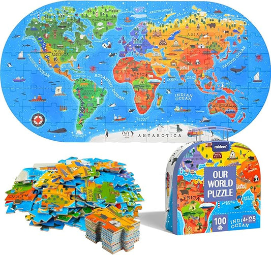Mideer Floor Puzzle for Kids 4-8, 100 Piece World Map Jigsaw Puzzle with Continents, Geography Educational Toys for Boys and Girls, Globe Atlas Puzzle Maps Preschool Learning Game for Kids Ages 4-6
