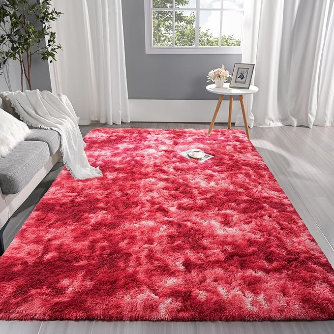 Pettop Large Shag Area Rug, 8x10 Tie-Dyed Plush Fuzzy Rugs for Living Room, Ultra Soft Shaggy Rugs for Bedroom, Non-Slip and Washable Indoor Carpet for Girls Kids Room Home Decor, Burgundy Red