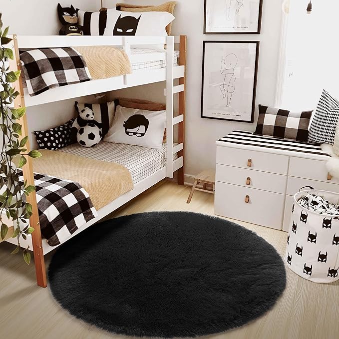 Black Round Rug 7Ft for Bedroom Aesthetic, Fluffy Plush Circle Area Rugs for Living Room, Large Big Fuzzy Modern Cool Carpet for Baby Kids Teen Boys Mens, Office Playroom Nursery Apartment Home Decor