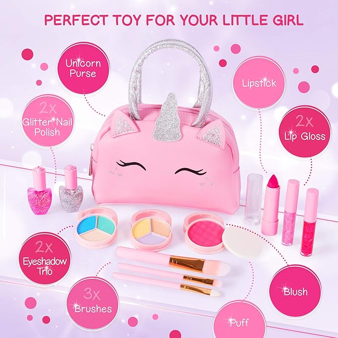 Kids Real Makeup Kit for Girls with Pink Unicorn Purse, Non Toxic Washable Make Up Toy - Easter Basket Stuffers for Toddler & Gifts for Girl Ages 3 4 5 6 7 8 9 10 Years Old - Pretend Play Vanity Set