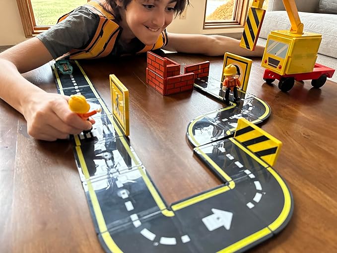 Car Road Track Magnetic Tiles & City Construction Builder Set with Crane and Figures – STEM Building Blocks Toy for Toddler Preschool Montessori Kids - Great Birthday Gift for Boys Ages 3-5 4-8 5-7