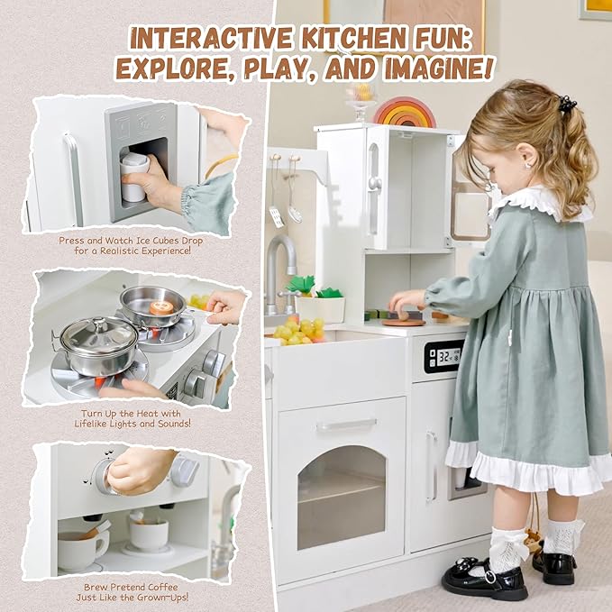 Wooden Play Kitchen for Toddlers and Kids with Lights & Sounds, Large Interactive Pretend Play Set with Ice Maker, Stove, Sink, Oven, 12 Accessories - Ages 3-8