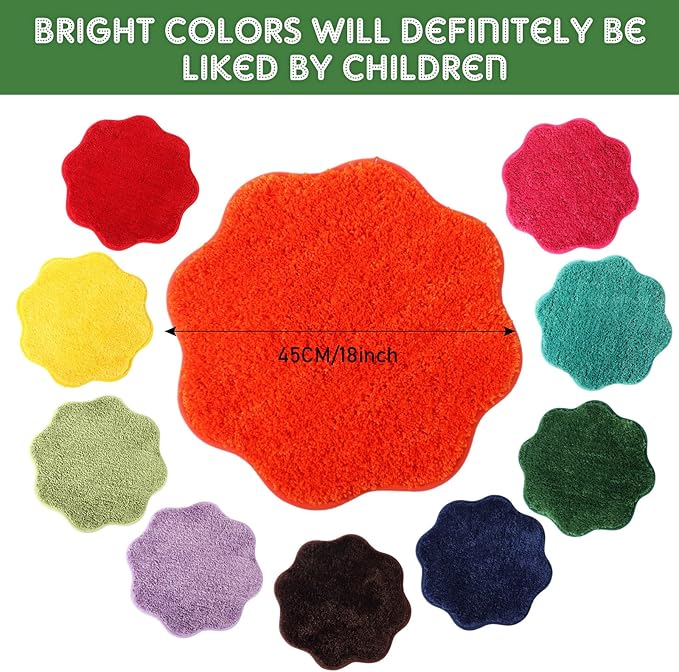 Nuogo 10 Pieces Kids Crazy Carpet Circle Seats Rainbow Floor Rug Mats Warm Colorful Soft Floor Cushions for Home School Classroom Story Time Group Activity Spot Marker Play Areas (Flower)