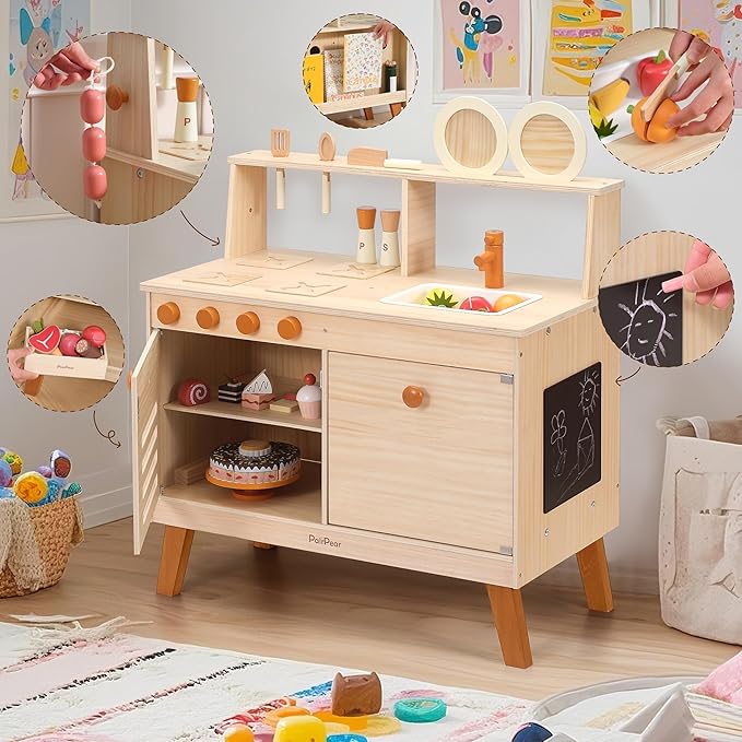 PairPear Play Kitchen Set for Kids, Wooden Toy Kitchen with Accessories & Play Food, Natural Wood Kids Kitchen for Imaginative Cooking & DIY Crafting - Ideal Gift for Toddlers Age 3+