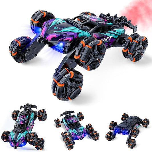 2370 Six-Wheel RC Stunt Car,6WD Cool Drift Remote Control Car,Double-Sided Driving,360° Flips Rotating,with Spray and Light Effects,Toys for Ages 8-13 Kids,Ideal Gift for Boys and Girls