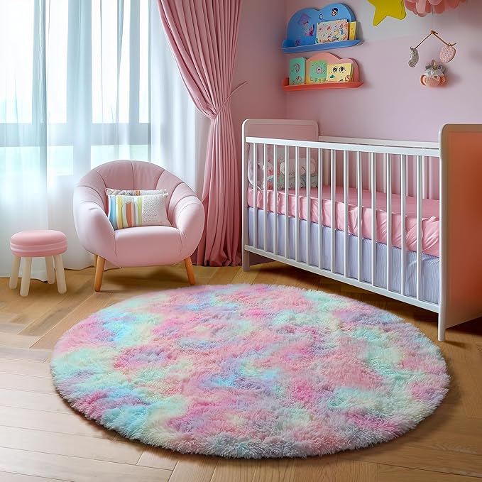 Amdrebio Rainbow Fluffy Round Rug 4Ft Kids Rugs for Girls Bedroom, Unicorn Room Decor, Colorful Pastel Shag Carpet for Preppy Dorm, Soft Cute Fuzzy Kawaii Circle Area Rugs for Baby Nursery, Playroom