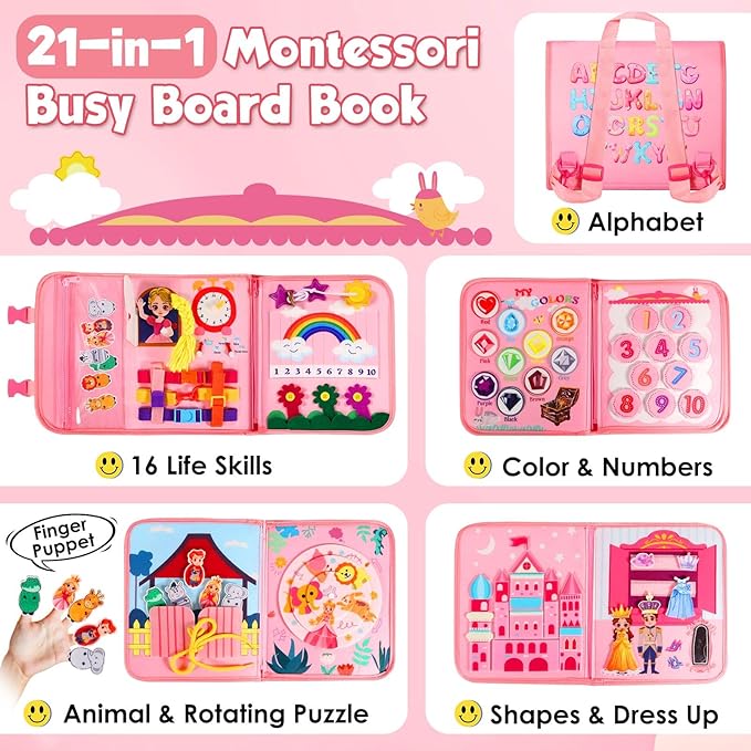 Pink Montessori Busy Board Book for Toddlers 1-3, Montessori Toys for 1-3 Year Old Girl Birthday Gift, Educational Quiet Activity Books for Toddlers 1-3, Airplane Car Travel Toys for Ages 2-4