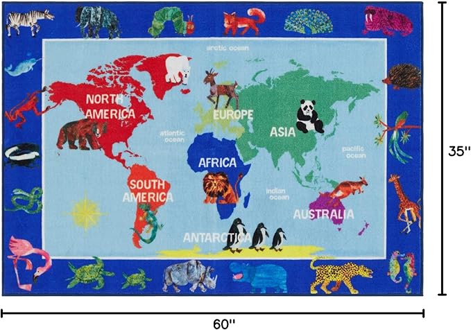 Eric Carle Elementary World Map Kids Machine Washable Area Rug Blue/Red, 35"x51"