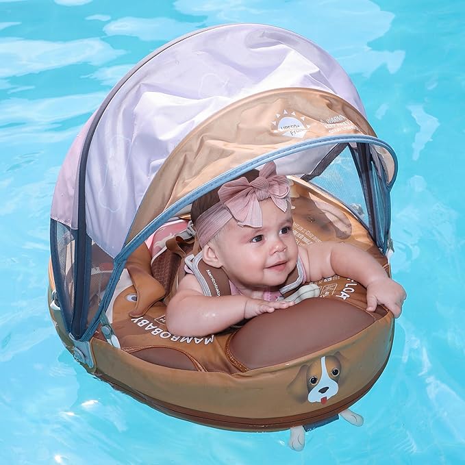 Mambobaby Float Add Tail Baby Swim Float with Canopy Solid Pool Infant Swim Trainer Swimming Training Lying Air Free Water Floats Non-Inflatable Waist Swim Ring for Toddlers (Cute Puppy)