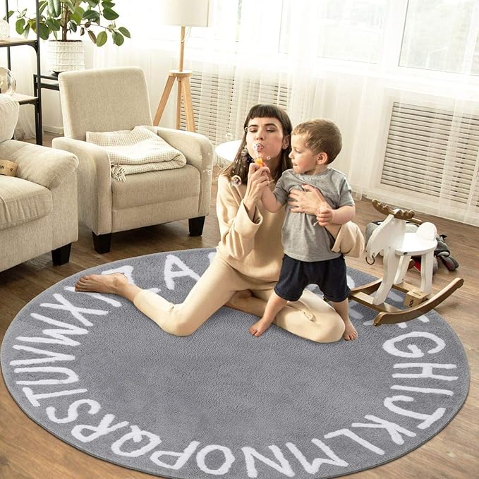 SHACOS Ultra Soft Round ABC Rug 4 Ft Alphabet Nursery Rugs Kids Room Toddlers Baby Crawling Playroom Fluffy Non Slip Washable 47 inch Circle Educational Carpet for Classroom, Gray