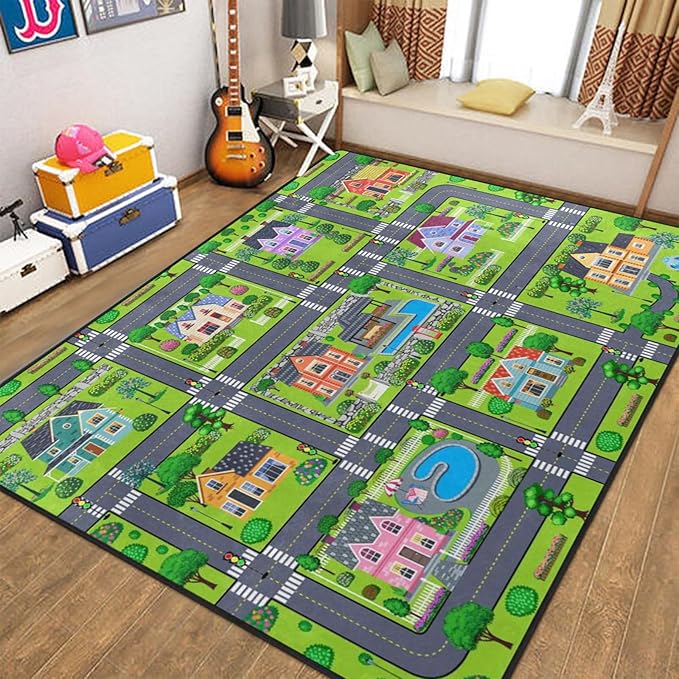 Kids Rug, Village Road Playmat Rugs - 5x7 Ft Kids Carpet with Rubber Backing, Cartoon American Style Village Theme House & Road Play Mat Nursery Rugs for Children Bedroom Playroom
