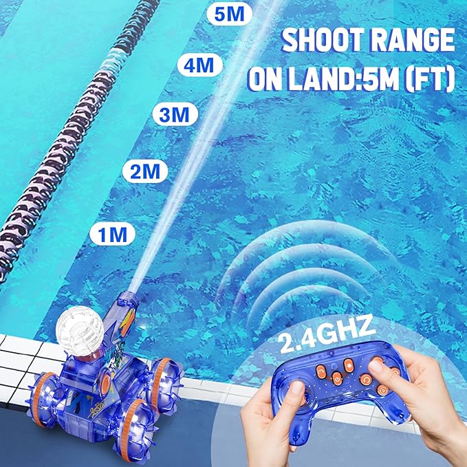 Amphibious Remote Control Car Toys - RC Stunt Car with Water Gun for Boys and Girls Age 8-12 | Remote Control Boat for Kids | Water & Land 4WD with Gesture Sensing, Lights, Waterproof, Rotation, Blue