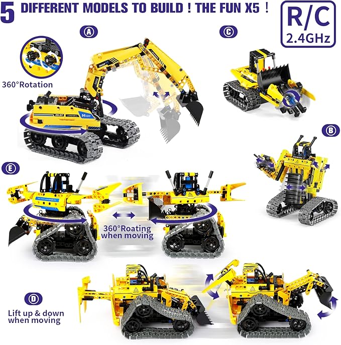 5 in 1 Building Toys STEM Robotics Kit, 430 PCS Blocks RC Robot Erector Sets, APP & Remote Control Excavator Science Kits for Kids Age 6 7 8 9 10 11 12-14, DIY Educational Gift for Boys & Girls