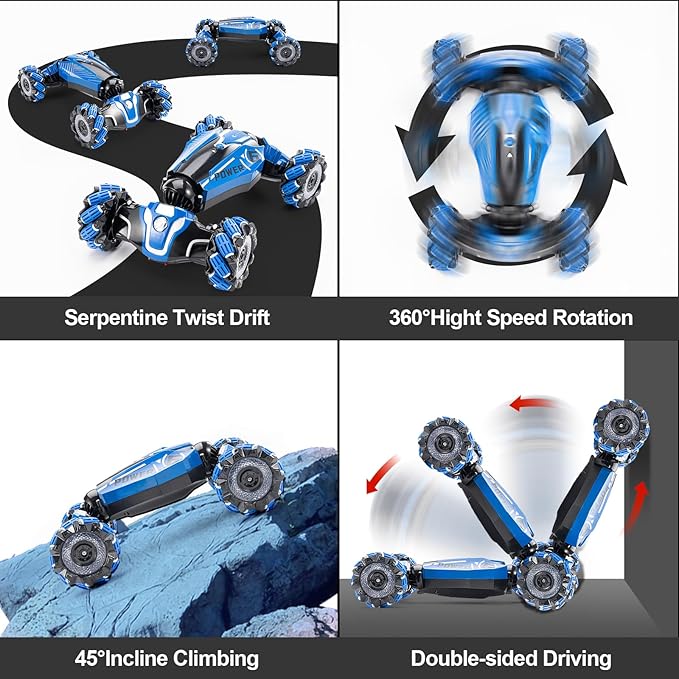 RC Stunt Car, 2.4GHz 4WD Drive Remote Controlled Gesture Sensor Toy Car, Hand Remote Control car with 360° Flipping Light and Music, Children's Toys for Boys and Girls Aged 5-13