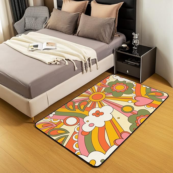 Erosebridal 60S 70S Hippie Area Rug 4x5 Vintage Boho Sun Carpet Groovy Flowers Clouds Love Hearts Decorative Rug for Kids Girls Teens,Abstract Vintage Floral Washable Rug for Bedside